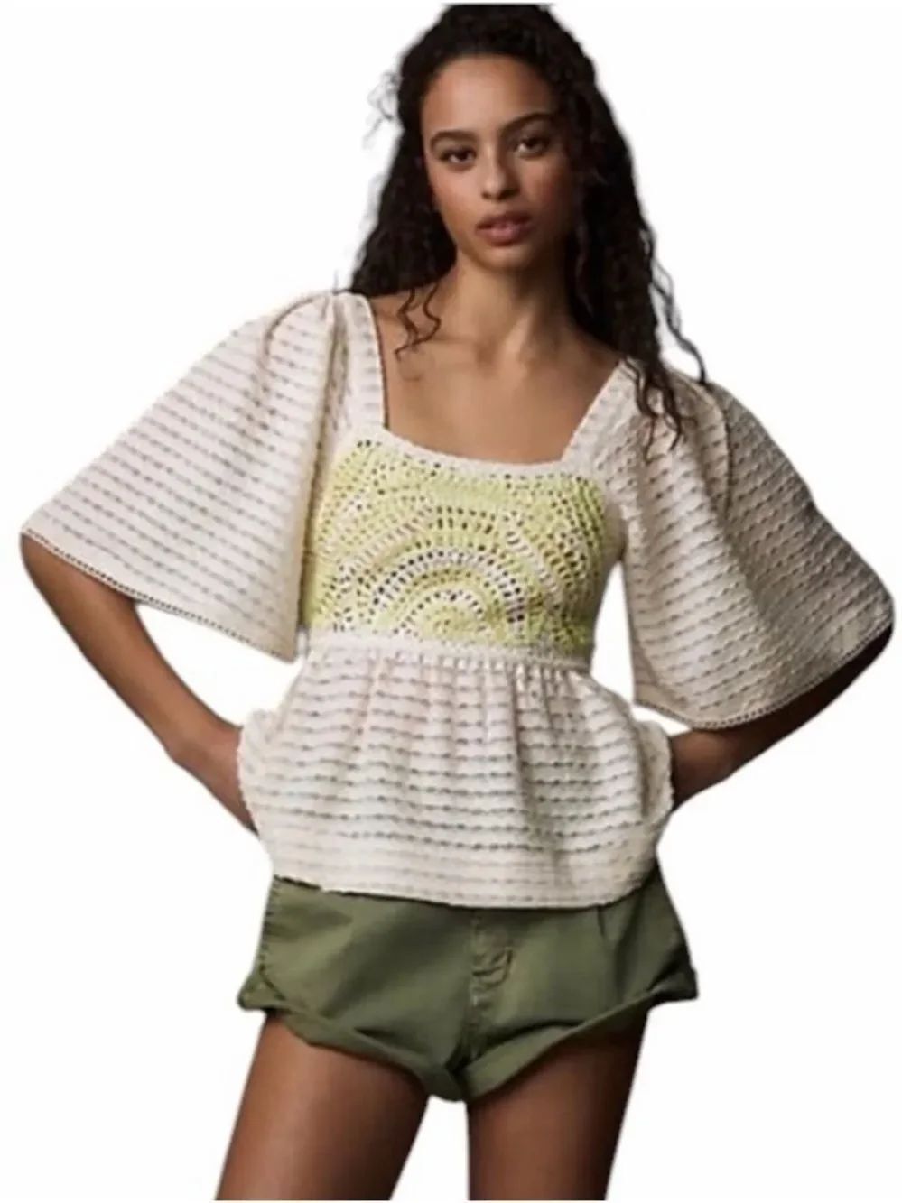 Anthropologie Sarah Hann Flutter-Sleeve Crochet Babydoll Top Size M